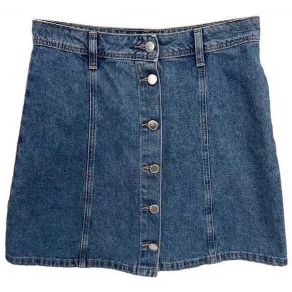 H&M DENIM SKIRT PANEL A-LINE BUTTON DOWN FRONT BLUE DENIM MINI SKIRT SIZE 10 - Picture 1 of 3